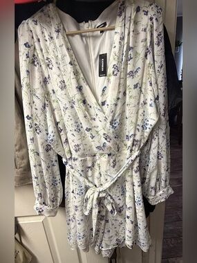 NWT! Express Floral White V-Neck Romper with Purple & Green Print